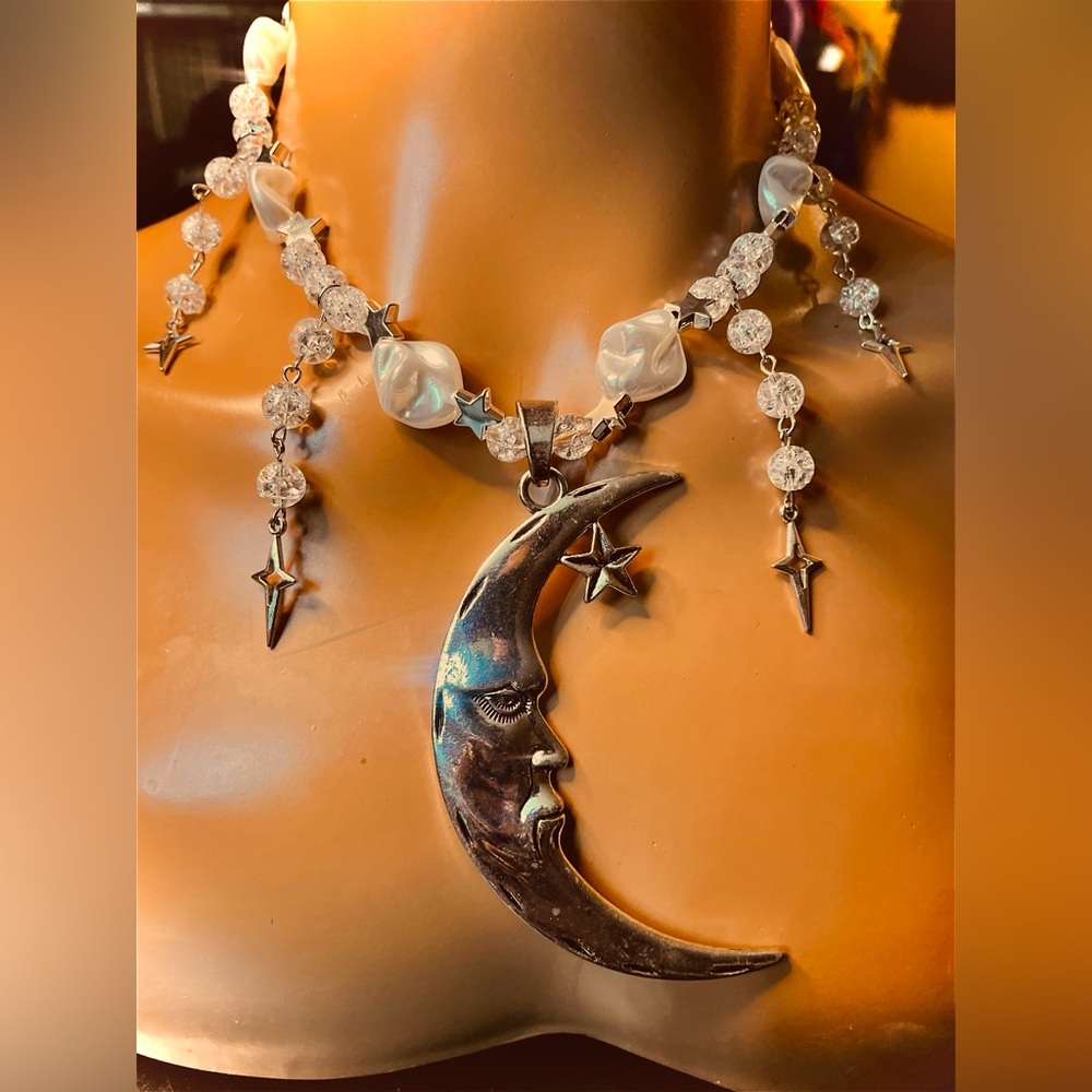 Pearl Half moon Crystal Choker Necklace Set In Plated Silver